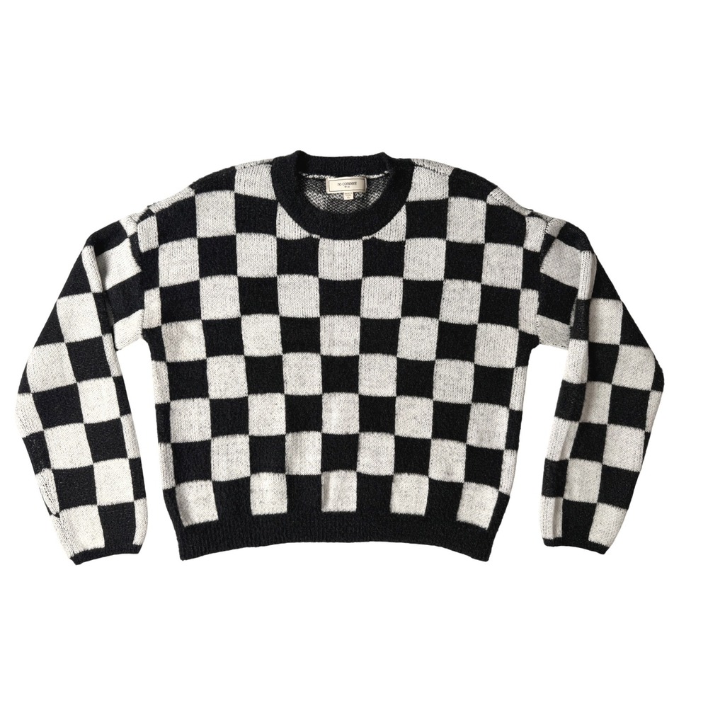 NO COMMENT Womens Checkerboard Knit Sweater XL Black White Long Sleeve Crew Neck